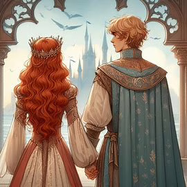 AI genererad bild av en ung prinsessa med långt rött hår och krona på huvudet som håller hand med en blond kille med kungliga kläder. 