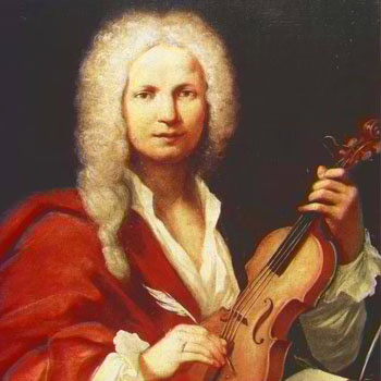 Ett porträtt av Antonio Vivaldi i röda kläder, vit peruk och en fiol i handen.